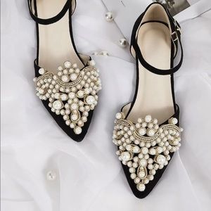 NWOT Special Occasion Point Toe Flat Sandals w/Ankle Straps & Faux Pearl Detail